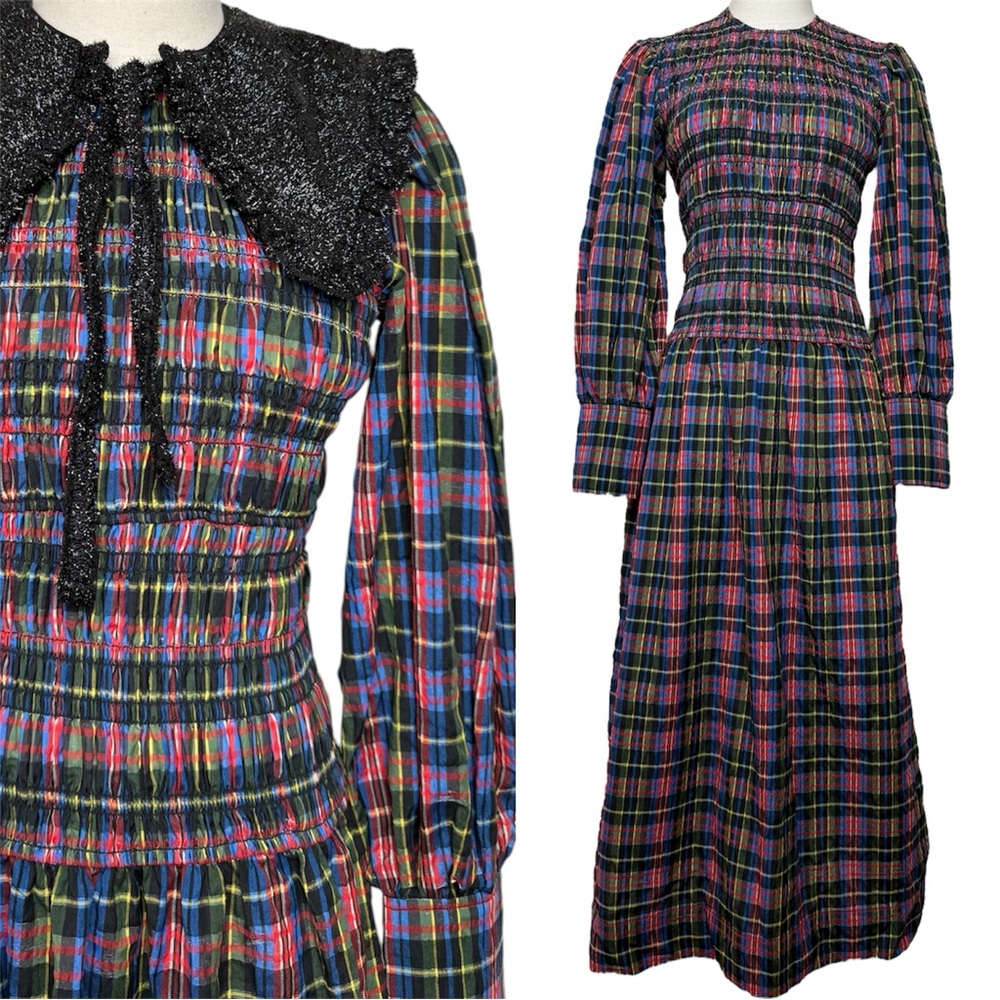 Ganni Multicolor Plaid Maxi Dress with Black Lace Collar